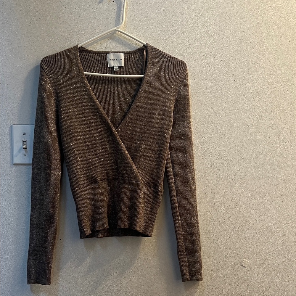 Pink Rose Brown V-Neck Sweater - Picture 9 of 9